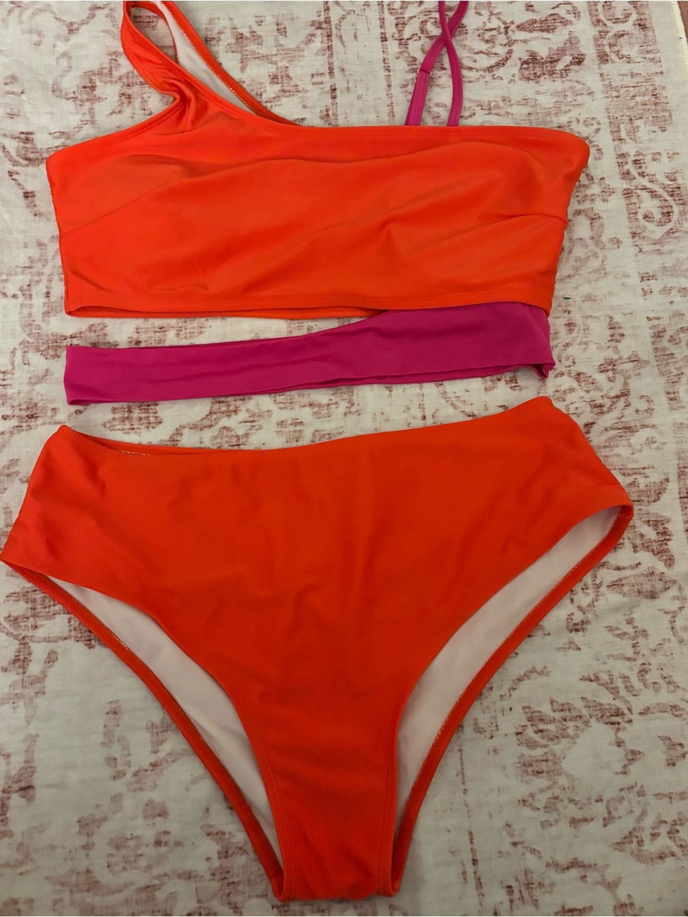 SHEIN Orange & Pink One-Shoulder Bikini Set